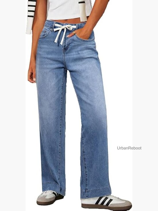 Denim - Wide Leg Jeans High Waisted Stretchy Straight Baggy Drawstring Denim